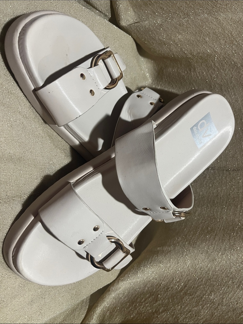 Dolce Vita White Double-Buckle Slide Sandals with Gold Hardware